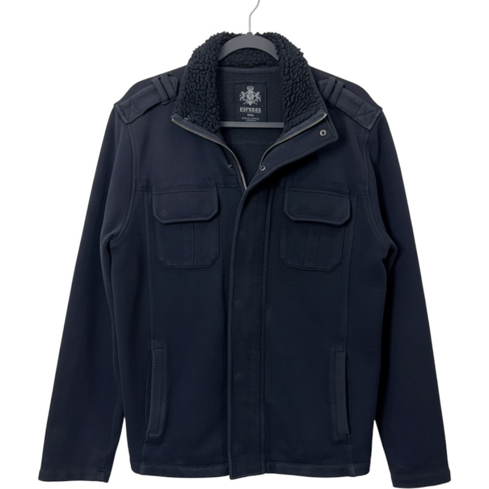Express Mens Medium Jacket Black Sherpa Collar Military Utility Full Zip Street
